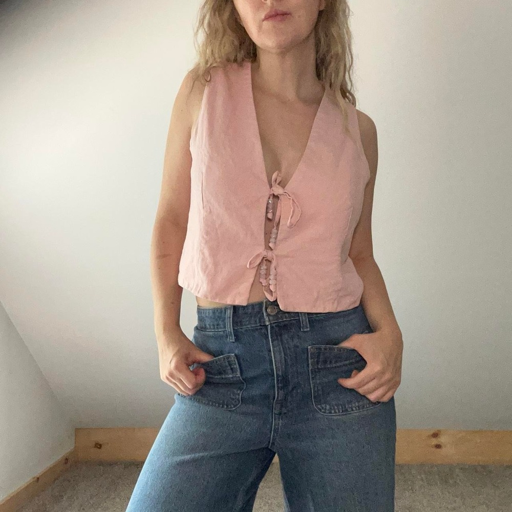 Pink linen cool girl vest tank top with tie front detail, size S